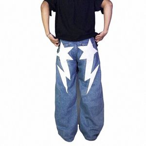 Y2K Hip Hop Jeans pour hommes Punk motif imprimé Harajuku streetwear jambe droite Jeans vintage gothique nouveau pantalon slim taille haute M8RG #