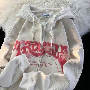 Y2k sweat à capuche velours côtelé américain brodé sweat à capuche hommes femmes drapé paresseux tendance Cardigan veste hauts streetwear 240104