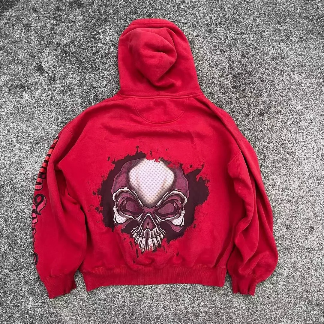 Y2K Hoodie Jnco Gotik Kırmızı Kırmızı Kafatası Nakış Kazak Hip Hop Sweatshirt Kişilik Satıyor Retro Hoodies Kadın Erkekler Sokak Giyim