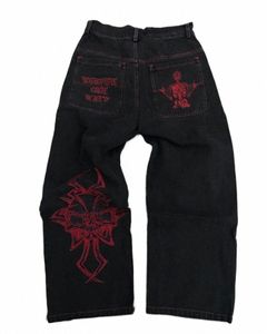 Y2K Jeans pour hommes Street Skull Lettres Pantalons de broderie Loosen Fit Straight Denim Vêtements Baggy Jeans pour hommes b4mU #