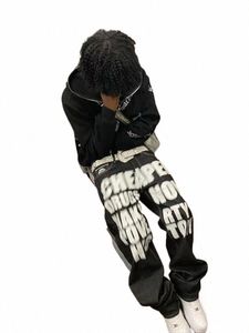 Y2K Jeans Hip Hop Lettre Imprimé Pantalon Noir Hommes Femmes 2023 Nouvelle Tendance Fi Punk Lâche Droite Pantalon Large Streetwear h5to #