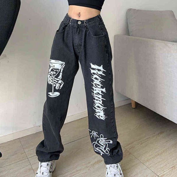 Y2K Kawaii Pantalones de mezclilla E-girl Estética Negro Baggy Teen Jeans Dibujos animados Goth Punk Mujeres Anime Print Ajustable Emo Alt Pantalones Y220311