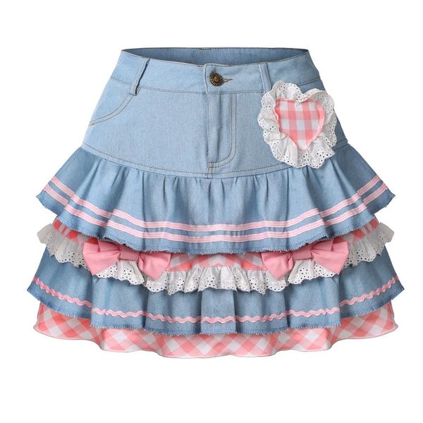 Y2k Kawaii Denim Jupe Mini Party Sweet Ball Robe Esthétique Taille Haute Jupes 4 Couches À Volants Gâteau Jupes E Filles Patineuse D'été 240327