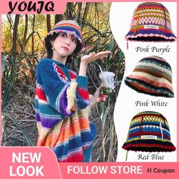 Y2K Korean Designer Crocheted Fring Rainbow Striped Skull Skull Hats for Women Collision Couleur de bassin chaud extérieur Gorro 240412