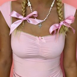 Y2K Lace Frill Camisole pour femmes Pink Bow Crop Tops Kawaii Sweet esthétique Sans manche