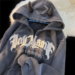 Y2k Carta Bordado Sudaderas con capucha Mujeres Harajuku Manga larga Cremallera Sudadera Otoño Retro Sudaderas con capucha de gran tamaño Streetwear 240115