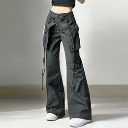 Y2k lange broek midden taille vrouwen losse lading broek comfortabel zwart vaste kleur vintage ontspannen fit drawstring met grote zakken 240417