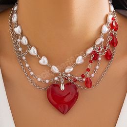 Y2K – collier avec pendentif en forme de cœur rouge, Imitation de perles pour femmes, perles de cristal, pompon, chaîne ras du cou, bijoux tendance pour filles