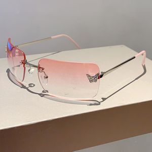 Y2K Luxe Designer Randloze Vierkante Zonnebril Vrouwen Voor Vrouwelijke Trendy Zonnebril Diamant Vlinder Roze Punk Shades UV400