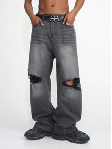 Y2k Heren Jeans Beschadigd Denim Knie Gescheurde Jeans Voor Mannen Loose Fit Verontruste Baggy Jeans Zwarte Cargo Broek Mannen 240102
