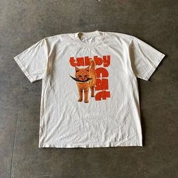 Y2k Mannen Shirt Zomer Harajuku Straat Kleding Oranje Kat Print Klassieke Korte Mouw Slim Fit Top Vrouwen T-shirt 240113