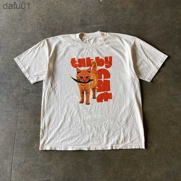 Y2k chemise pour hommes été Harajuku vêtements de rue Orange chat imprimé classique à manches courtes coupe ajustée haut femmes T-shirt L230520