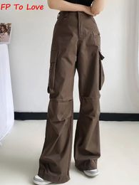 Y2K – pantalon Cargo marron neutre, poches amples, jambes larges, pour femme, rue élégant, automne printemps, qualité PB ZA, 240322