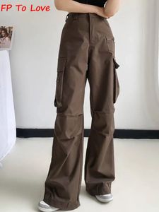 Y2K Neutral Brown Cargo Pants Loose Pocket Wide Leg Trousers Woman Female Street Stylish Autumn Spring PB ZA Quality 231222