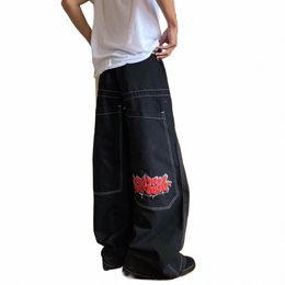 Y2K Nuevo patrón bordado Harajuku Punk Hip Hop Jeans de cintura alta Vintage Baggy Jeans Ropa de calle para hombres Pantalones de pierna ancha R0zo #