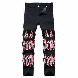 Y2K Pantalon Flame Stretch Jeans pour hommes Fi Streetwear Slim Imprimé Hip Hop Mâle Moto Denim Pantalon Noir y7jU #