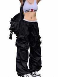 Y2K Parachute Pantalon noir Femmes Hippie Streetwear Poches surdimensionnées Pantalon cargo Harajuku Jambe large Baggy Pantalon de survêtement A3qj #