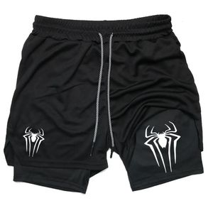 Y2K Performance Shorts Men Spider Gedrukte Gym Casual Sports Compressie Training Running Mesh 2 In 1 Sport Short Pants 240420