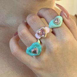 Y2k rosa metal anillo de nudillos para mujeres esmaltado corazón corazón oso flor anillos abiertos accesorios de joyería de moda 240403