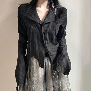 Y2K – chemisier plissé à boutons, chemises noires pour femmes, style académique foncé coréen, haut serré à manches longues, Vintage, 220602
