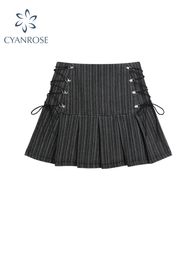 Y2k jupe plissée femmes Sexy taille haute gris rayure pansement Mini jupes été une ligne Vintage Harajuku Streetwar 240112