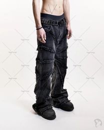 Y2K Punk Black American Street Rock Retro Jeans de gran tamaño de cintura alta para hombres 2023 Pantalones de pierna ancha rectos lavados con borde crudo para hombres 240118