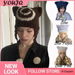 Y2K Punk Kat Mutsen Hoeden voor Vrouwen Winter Warm Kat Oor Cap Grunge Goth Mutsen Gehaakte Beanie Outdoor Activiteiten 240131