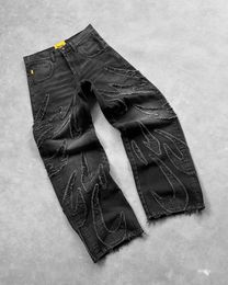 Y2K Retro Black Faggy Jeans for Men Hip Hop Punk Edge Raw Bordery Vintage Patchwork Pantalones de mezclilla con cintura alta 240401