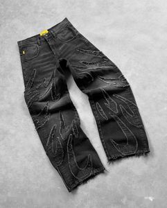 Y2K retro zwarte baggy jeans voor mannen hiphop punk rauw rand borduurwerk vintage patroon patchwork hoge taille denim broek 240415