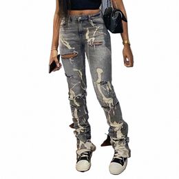 Y2K Rétro Sifreyr Ripped Hole Jeans Femmes Fi Imprimer Taille haute Skinny Pantalon en denim empilé Gris Streetwear Pantalon élastique V4pn #