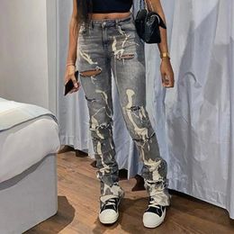 Y2K rétro Sifreyr Ripped Hole Jeans Femmes Fashion Imprimerie haute taille Skinny Pantalon de jean empilé pantalon Grey Streetwear élastique 240426