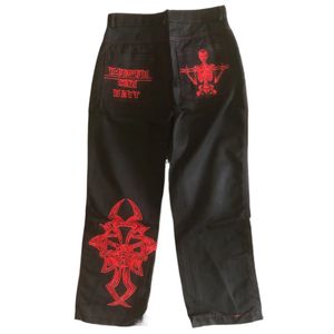 Y2K rétro crâne broderie Baggy jean hommes femmes Streetwear Hip Hop droit décontracté ample jambe large Punk noir Denim Cargo pantalon 240115