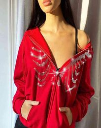 Y2K Rin Holdies Women Skeleton Gothic Red Zip Up Sweatshirt de gran tamaño Punk Calavera Harajuku Chaqueta de la chaqueta Streetwear