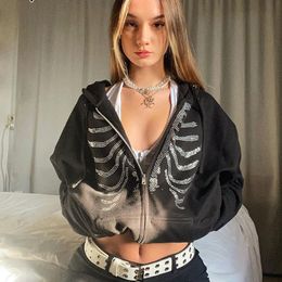 Veste Femme Y2K Strass Squelette Hoodies Femmes Gothique Noir Zip Up Sweats Surdimensionnés Femme Rétro Harajuku Veste À Capuche Streetwear 22H0817