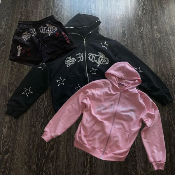 Y2K Rhinestone Zip Up Sweatshirts de mujeres de mujeres otoñales con capucha gótica chaqueta con capucha rosa ropa streetwear 240320