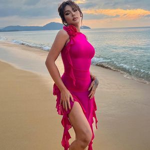 Y2K-vestido de hadas con volantes para mujer, minivestido Sexy transparente de malla, ceñido al cuerpo, trajes de Club de fiesta en la playa Irregular, rosa y rojo, 2023
