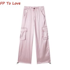 Y2K Satin Summer Cargo broek Pocket Glanzende elegante lange broek rechte casual shirring roze witte bloggers outfit chic 240423