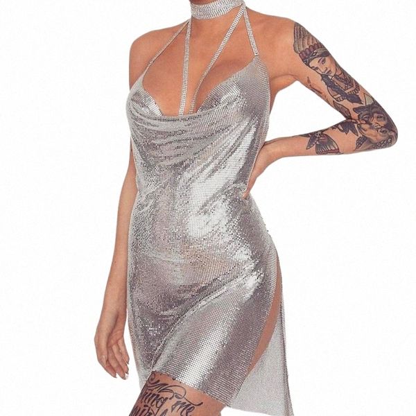 Y2K Sexy Gold Paillettes Patchwork Mini Dr Femmes Sleevel Low Cut Chaînes en métal Halter Slim Charme Discothèque Party Dres d4Zw #