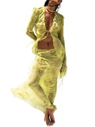 Y2K Sheer Mesh Fairy Grunge Tie Up Ruffle V Neck Beach Robes Fomen Femmes Aesthetic Pichel 2 Piece Set Summer Murning Matching 240429