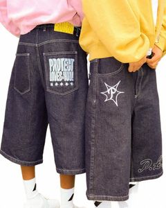 Y2K Shorts pour hommes Loose Casual Straight Jean Shorts Hip Hop Punk Denim Gym Shorts Hommes Femmes Summer Street Pantalon de survêtement noir z5a3 #