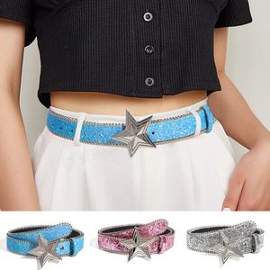 Y2k – ceinture en cuir à paillettes et strass pour femmes, boucle étoile réglable, couleur unie, Punk, pentagramme en métal, ceinture de fête