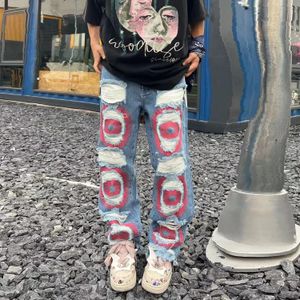 Y2K Street kleding borduurwerk traan brede jeans geschikt voor mannen wassen vernietig traan wijd uitlopende jeans heren kwalen hiphop jeans losse jeans 240510
