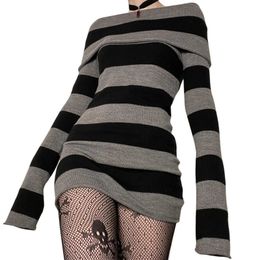 Y2K Pull rayé Mini robe Mall Goth Grunge Emo Moulante Chic Femmes Hors Épaule Manches Longues Slim Fit Robes 00s Vintage 240314