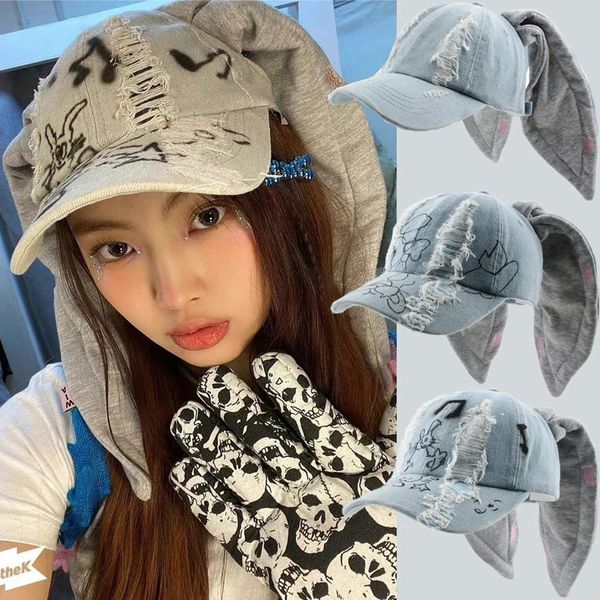 Y2K Style Denim Bleu Casquette de Baseball Jeans MinJi Haerin OMG Scène Longue Oreille de Lapin Chapeau Mode Hip-Pop Casquette Couple Cadeaux d'anniversaire 240227