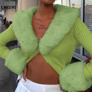Y2K Sweaters V-hals Outfits Bont Patchwork Fluffy Knitwear Button Vesten Dames Streetwear Fashion Club Party Solid Tops 211103