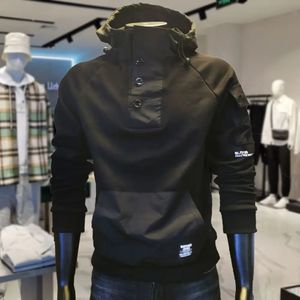 Y2K Techwear Herfst Knop Capuchon Trainingspak Mannen Katoen Cargo Hoodie Mode Heren Streetwear Pocket Patchwork Zwarte Hoodies 240315