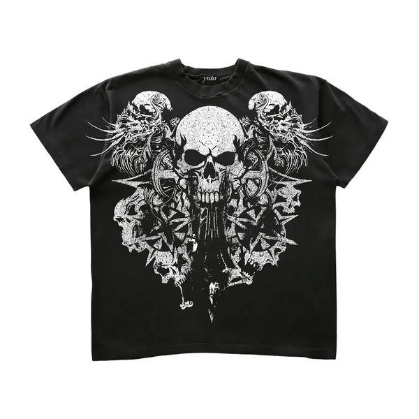 Y2K Tshirt American Retro Gothic Skull Pattern for Men Women Hip Hop Round Neck ShortSleeved Streetwear Tops 240402