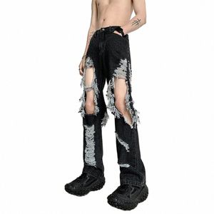 y2k Unisex geperforeerde jeans heren zomer Koreaanse 2024 slank ontwerp rechte denim broek met wijde pijpen LGBT-man sexy gescheurde jeans met franjes 87KU#