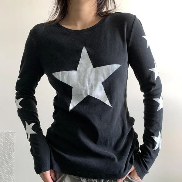Y2K Vintage Dark Academia Grunge Star Print T-shirt E-Girl Gothic Long Sweats TEES RETRO AUTUMN Spring Black Crop Tops 240510