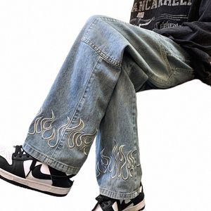 Y2K Vintage Flame Impreso Jeans para hombres Baggy Streetwear Pantalones de mezclilla de pierna ancha 2024 Nuevo Hip Hop Fi Pantales rectos R4jr #